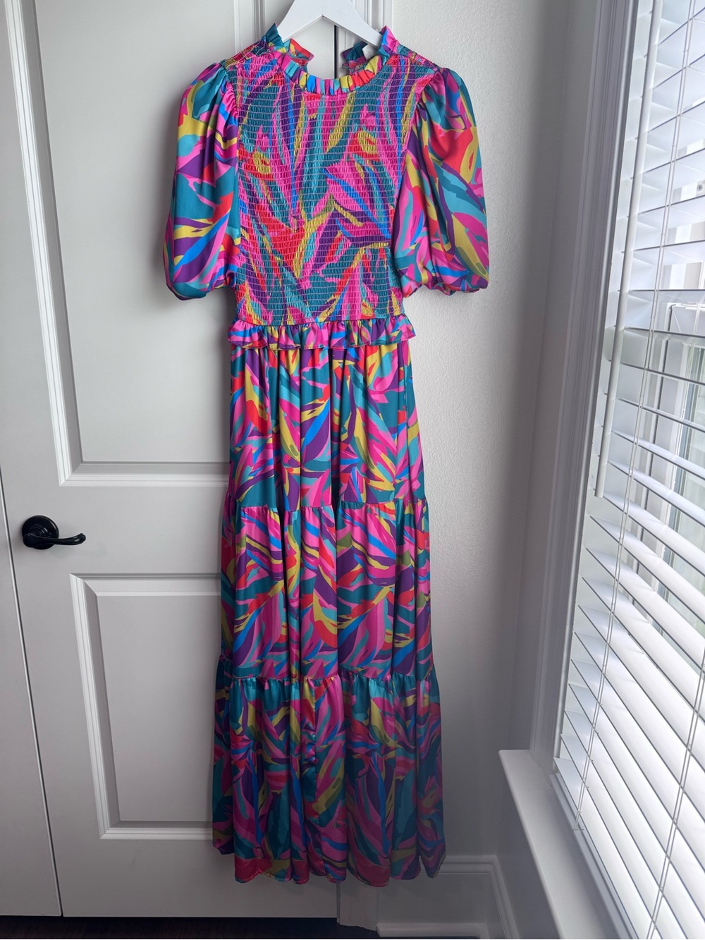 Smocked Tropical Print Maxi Dress in Teal & Pink